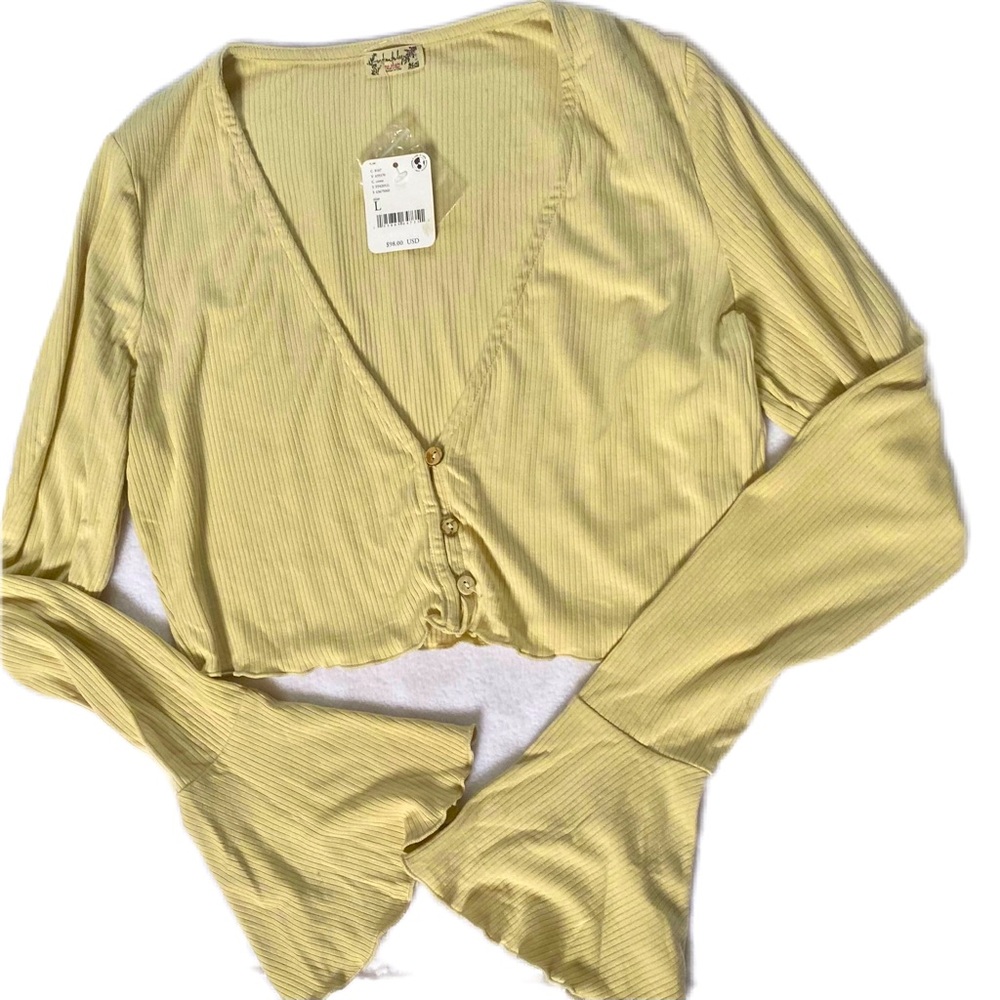Free People Lemon Yellow Ribbed Cropped Cardigan